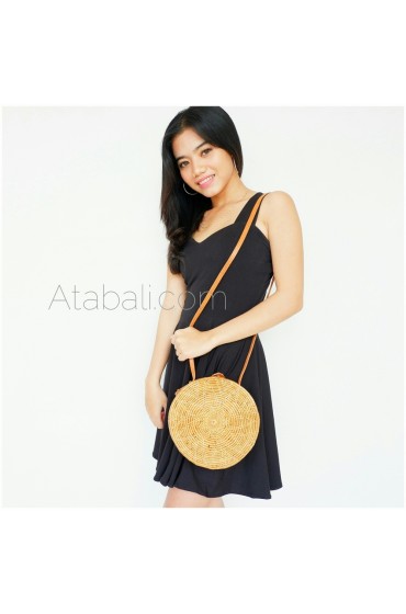 Wide round ata bag flower pattern with leather clip